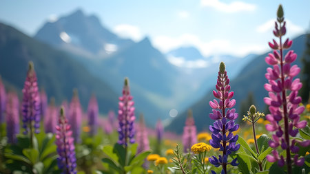A vivid field of lupine flowers creates a breathtaking foreground against the backdrop of majestic, blurred mountains, evoking a sense of tranquility.の素材