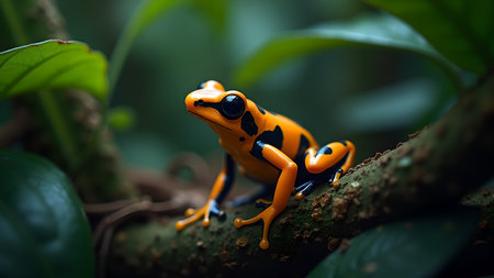 A vividly colored orange and black poison dart frog sits on a textured tree branch surrounded by lush green leaves in a natural rainforest setting. Close-up showcasing its intricate skin patternの素材