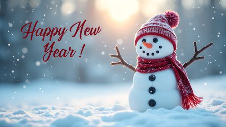 A cheerful snowman with a red hat and scarf standing in the snow, illuminated by sunlight. The image contains a happy new year message and an atmosphere of celebration.の素材