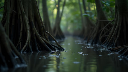 A tranquil swamp landscape showcases mangrove trees with their roots reflected in the still water. The lush greenery and interplay of shadows create a mysterious, serene ambiance.の素材
