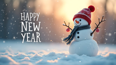 A cheerful snowman stands in a snowy field, wishing everyone a happy new year with falling snow and the warmth of the season.の素材