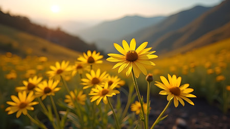 A vibrant meadow, abuzz with blooming yellow flowers at sunrise. The golden hues paint a serene landscape, capturing natures radiant beauty in a single frame.の素材