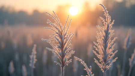 Captured in the soft light of dawn, frosted ornamental grass stands majestically in a field. The serene landscape and golden sunlight create an atmosphere of tranquility and beauty.の素材