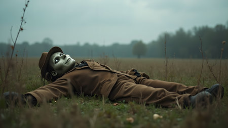 An enigmatic figure lies in repose within a desolate field, embodying feelings of otherworldly serenity and quiet contemplation.の素材