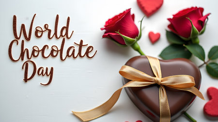 Celebrate World Chocolate Day with a beautiful arrangement of heart-shaped chocolate, elegant roses, and charming red hearts, perfect for expressing love and joy.の素材