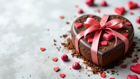A heart-shaped chocolate cake with a pink ribbon, perfect for Valentine's Day. This sweet treat is decorated with candy hearts and cocoa dust, offering a romantic and delicious dessert.の素材