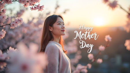 A woman surrounded by cherry blossoms celebrates Mother's Day, bathed in the warm glow of the rising sun, embodying gratitude and appreciation.の素材
