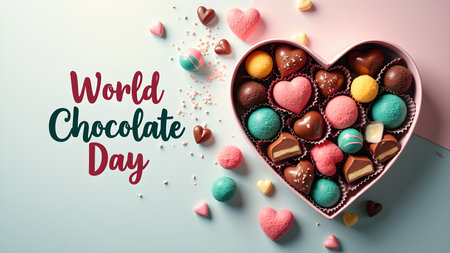 Delightful World Chocolate Day image featuring a heart-shaped box filled with assorted chocolates, perfect for celebrating love and indulging in sweet treats.の素材