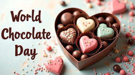 A festive image celebrating World Chocolate Day, featuring a heart-shaped box filled with artisanal chocolates and colorful confectionery. Perfect for holiday promotions and Valentine's Day themes.の素材