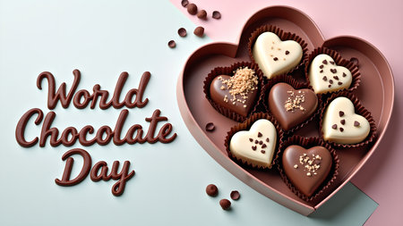 Celebrate World Chocolate Day with this tempting image of heart-shaped chocolates in a gift box. Perfect for marketing campaigns, greeting cards, and social media.の素材