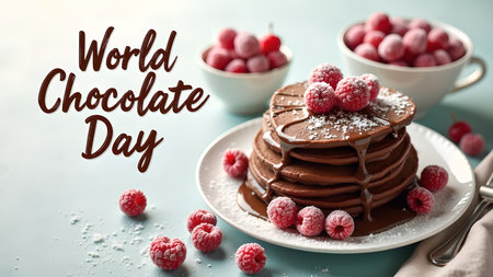 A celebratory image for World Chocolate Day featuring a stack of chocolate pancakes drizzled with syrup, topped with raspberries, alongside bowls of raspberries.の素材