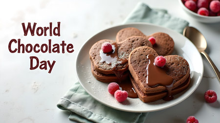 Celebrate World Chocolate Day with delicious heart-shaped chocolate pancakes. Garnished with fresh raspberries and chocolate syrup, these treats are perfect for breakfast or a special dessert.の素材
