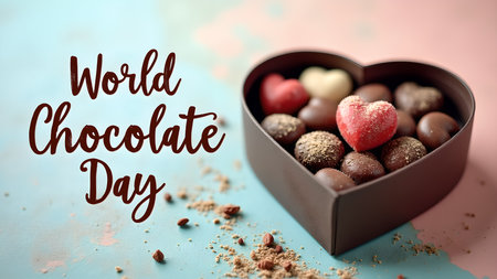 A heart-shaped box filled with assorted chocolates, displayed as a delicious treat for world chocolate day, creating a sweet and tempting visual.の素材