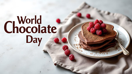 Celebrate World Chocolate Day with a stack of delicious chocolate pancakes topped with fresh raspberries. A perfect treat for a sweet and delightful indulgence.の素材