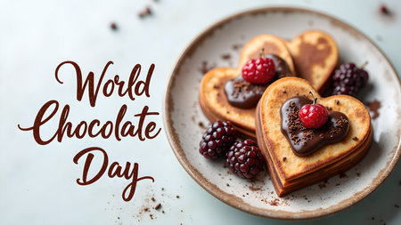 A delightful plate of heart-shaped chocolate pancakes with berries and chocolate sauce perfect for celebrating World Chocolate Day or any special occasion.の素材