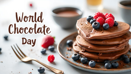 A stack of delicious chocolate pancakes adorned with fresh berries for World Chocolate Day. This appetizing dessert is perfect for breakfast or a sweet treat anytime.の素材