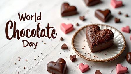 A charming image celebrating World Chocolate Day with an array of heart-shaped chocolates arranged on a rustic white table, evoking feelings of love and sweetness.の素材