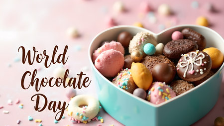 A delightful image showcasing a heart-shaped box filled with assorted chocolates and sweets, celebrating the sweetness of world chocolate day.の素材