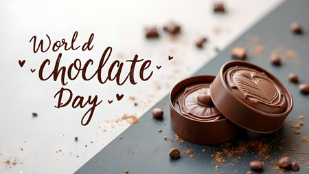 Two chocolate pralines are beautifully presented against a dark and white background. The image celebrates World Chocolate Day with style and flavor.の素材