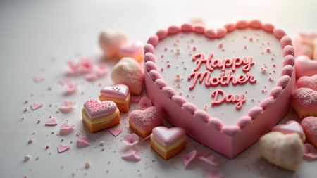 A heart-shaped cake decorated with pink frosting and adorned with mini heart-shaped cakes and flower petals, ideal for a sweet Mother's Day celebration.の素材
