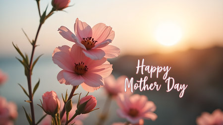 A delicate pink floral greeting card for Mother's Day, featuring blossoms at sunset. This image celebrates the beauty and love of spring.の素材