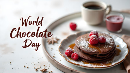 Celebrate World Chocolate Day with a stack of delicious chocolate pancakes topped with fresh raspberries and a dusting of powdered sugar. Served with a cup of coffee.の素材