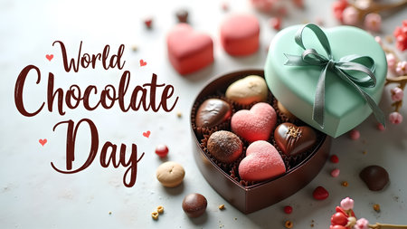 Celebrate World Chocolate Day with a delightful still life featuring heart-shaped chocolates, a charming gift box, and an array of delectable sweets. Perfect for expressing love and indulgence.の素材