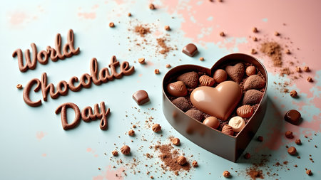 A heart-shaped box filled with chocolates, celebrating World Chocolate Day. This image showcases the deliciousness and indulgence of gourmet chocolate treats. Perfect for celebrating love and enjoying sweet moments.の素材