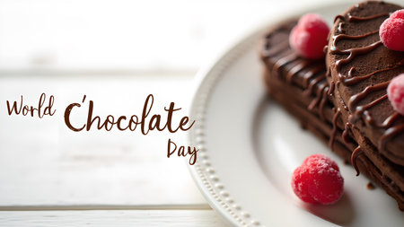 Celebrate World Chocolate Day with a delicious treat. This image features heart-shaped brownie cakes topped with chocolate drizzle and fresh raspberries, beautifully arranged on a white plate.の素材