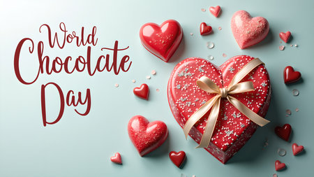 Celebrate World Chocolate Day with heart-shaped chocolates and a beautifully wrapped gift box, perfect for Valentine's Day or any romantic occasion. Indulge in the sweetness and share the love.の素材