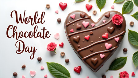 Celebrate World Chocolate Day with a delicious heart-shaped chocolate cake adorned with hearts and roses, a perfect treat for a romantic occasion.の素材