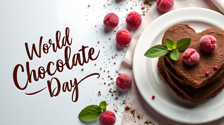 Celebrate World Chocolate Day with delicious heart-shaped chocolate pancakes. Topped with fresh raspberries and a sprig of mint, it's the perfect treat.の素材
