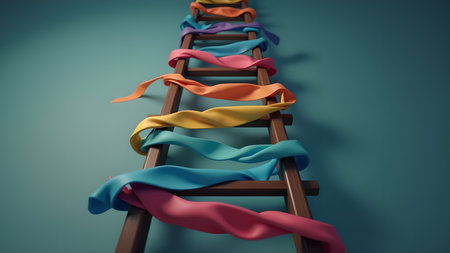 A ladder with ribbons representing growth, success, and progress in life, symbolizing ambition, creativity, and upward movement towards goals.の素材