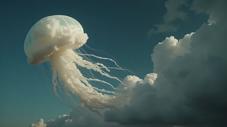 A surreal image of a jellyfish-shaped cloud floating in the sky. The photo evokes a sense of wonder and dreamlike quality.の素材