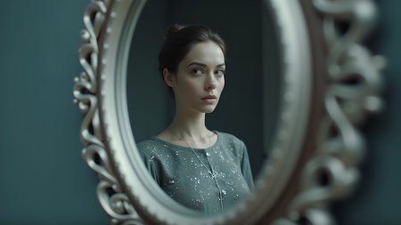 A beautiful young woman gazes thoughtfully into an ornate vintage mirror, her reflection capturing a moment of serene contemplation in a classic portrait style.の素材