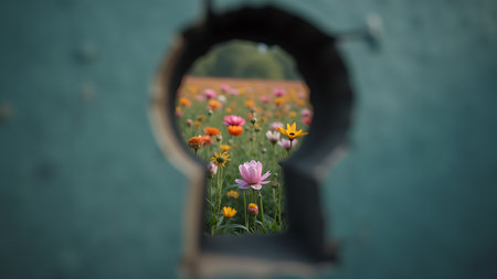 Through a keyhole, a vibrant field of wildflowers blooms, offering a serene glimpse into a colorful and captivating natural landscape.の素材