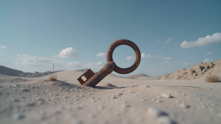 A rusty, vintage key stands alone in a vast desert landscape under a serene sky, symbolizing lost opportunities or forgotten memories.の素材