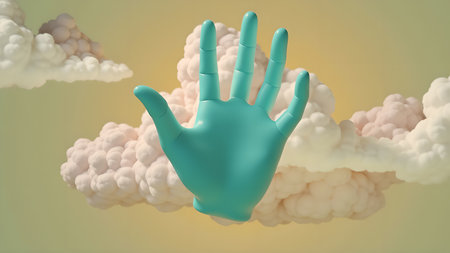 A turquoise hand appears amidst fluffy, dreamy clouds, creating a surreal and whimsical atmosphere. This image evokes feelings of hope, freedom, and gentle guidance.の素材