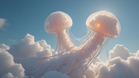 Two ethereal jellyfish float dreamily through a fluffy cloudscape beneath a vibrant blue sky. Sunlight streams through, creating a luminous and surreal underwater fantasy atmosphere.の素材