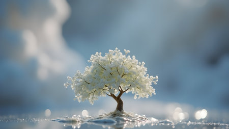 A solitary tree with delicate blossoms reflects sunlight in a serene and ethereal landscape. It represents peace, new beginnings, and the magic of nature.の素材