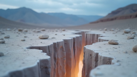 A dramatic landscape featuring a deep chasm in the earth, showcasing the raw power of nature and geological formations under a moody sky, capturing a sense of exploration and isolation.の素材