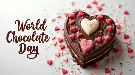 A heart-shaped chocolate cake, decorated with red and pink hearts, sits amidst a scattering of heart-shaped candies. Ideal for celebrating World Chocolate Day or Valentine's Day, it symbolizes love and sweetness.の素材