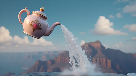 A pink teapot pours crystalline water into a pool against the backdrop of the Grand Canyon. The scene is surreal and dreamlike, blending nature with whimsy.の素材