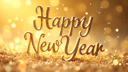 A sparkling golden Happy New Year design with a festive bokeh background, perfect for holiday celebrations and greeting cards.の素材
