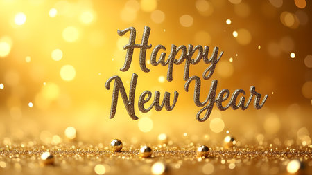 Golden 'Happy New Year' typography surrounded by glitter and bokeh lights, a festive design for holiday season greetings and celebrations.の素材