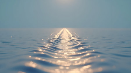 Serene ocean scene showcasing gentle ripples reflecting sunlight, creating a shimmering path to the horizon. The peaceful waters evoke a sense of tranquility and natural beauty.の素材