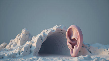 A surreal landscape features a giant pink ear emerging from a white abstract terrain with a tunnel-like structure. The image evokes auditory perception and serene minimalist art.の素材
