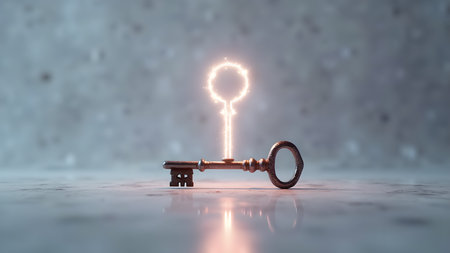 A vintage key with a glowing keyhole offers a metaphor for unlocking potential and discovering new opportunities. Represents success, access, and the solving of mysteries.の素材