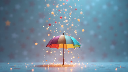 A colorful umbrella stands under a shower of sparkling stars, creating a magical and whimsical scene, filled with wonder and joy. Radiating charm and positive vibes.の素材