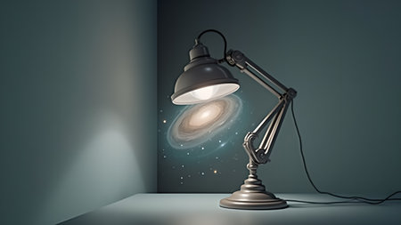 A conceptual image of a desk lamp casting galaxy light, illuminating the cosmos with science and creative inspiration in a minimalist setting.の素材